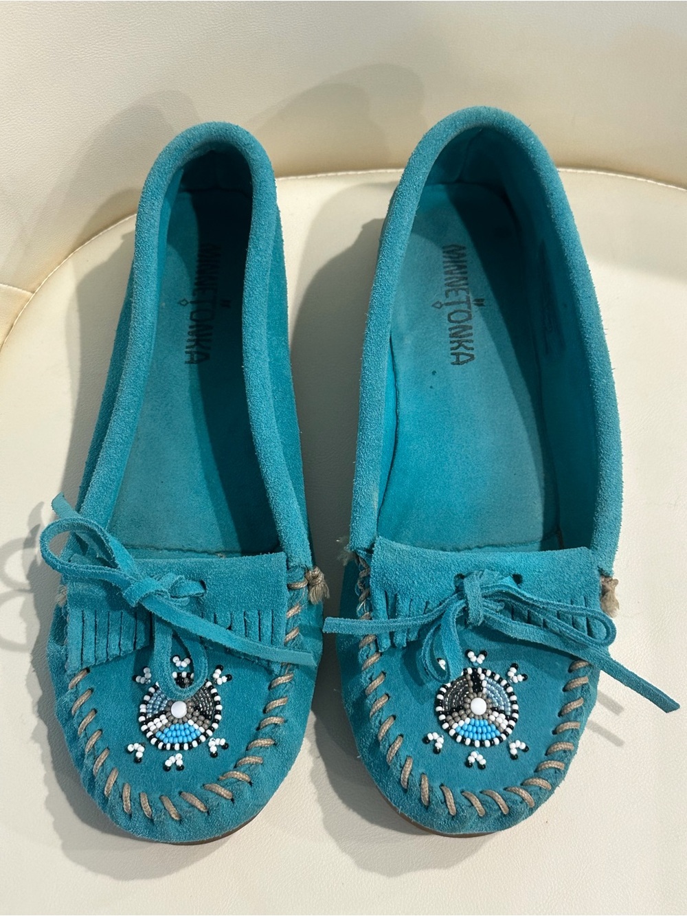 Minnetonka Turquoise Suede Beaded Fringe Moccasins